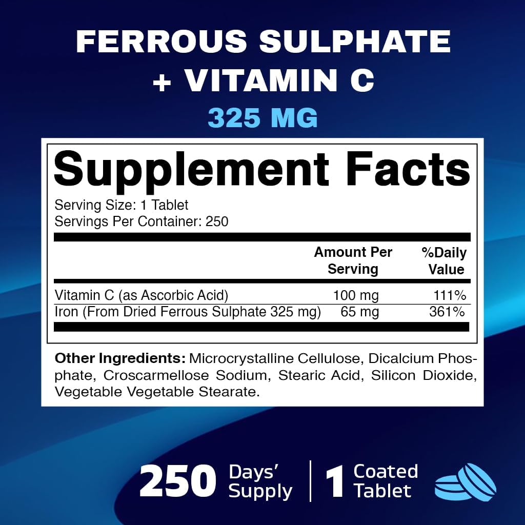 Ferrous Sulphate 325 mg + Vitamin C 100 mg 65 mg Elemental Iron Iron Supplement 250 Coated Tablets N1180