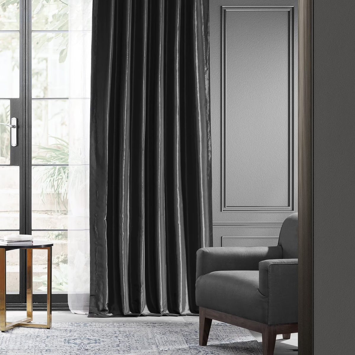Black Faux Silk Taffeta Curtain 1 Panel 50W X 84L U7760