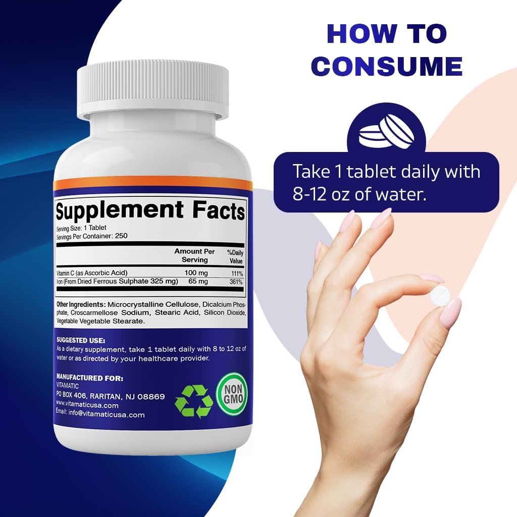 Ferrous Sulphate 325 mg + Vitamin C 100 mg 65 mg Elemental Iron Iron Supplement 250 Coated Tablets N1180