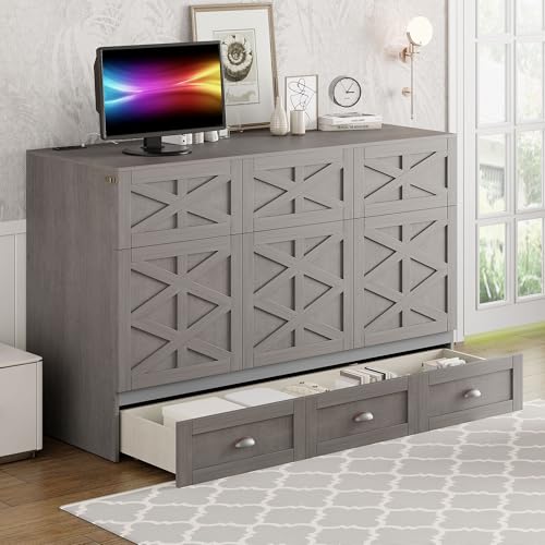 Full Size Solid Pine Murphy Bed with USB and Storage Drawer F663