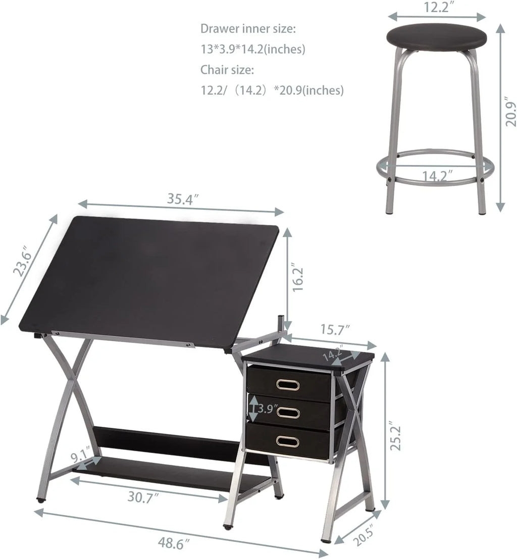 Black Adjustable Drafting Table with Stool and Storage Drawers G255937