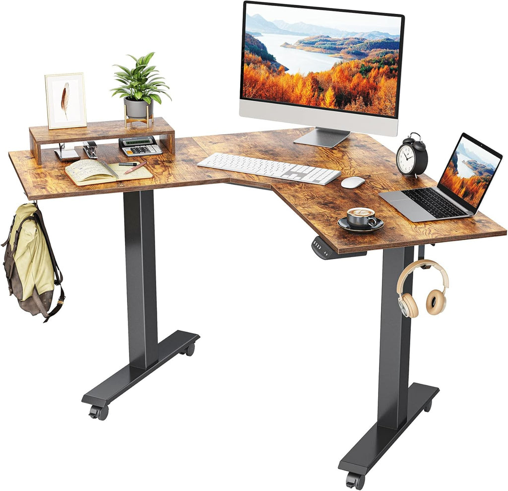 L Shaped Electric Standing Desk with Bamboo Top and Black Frame J679