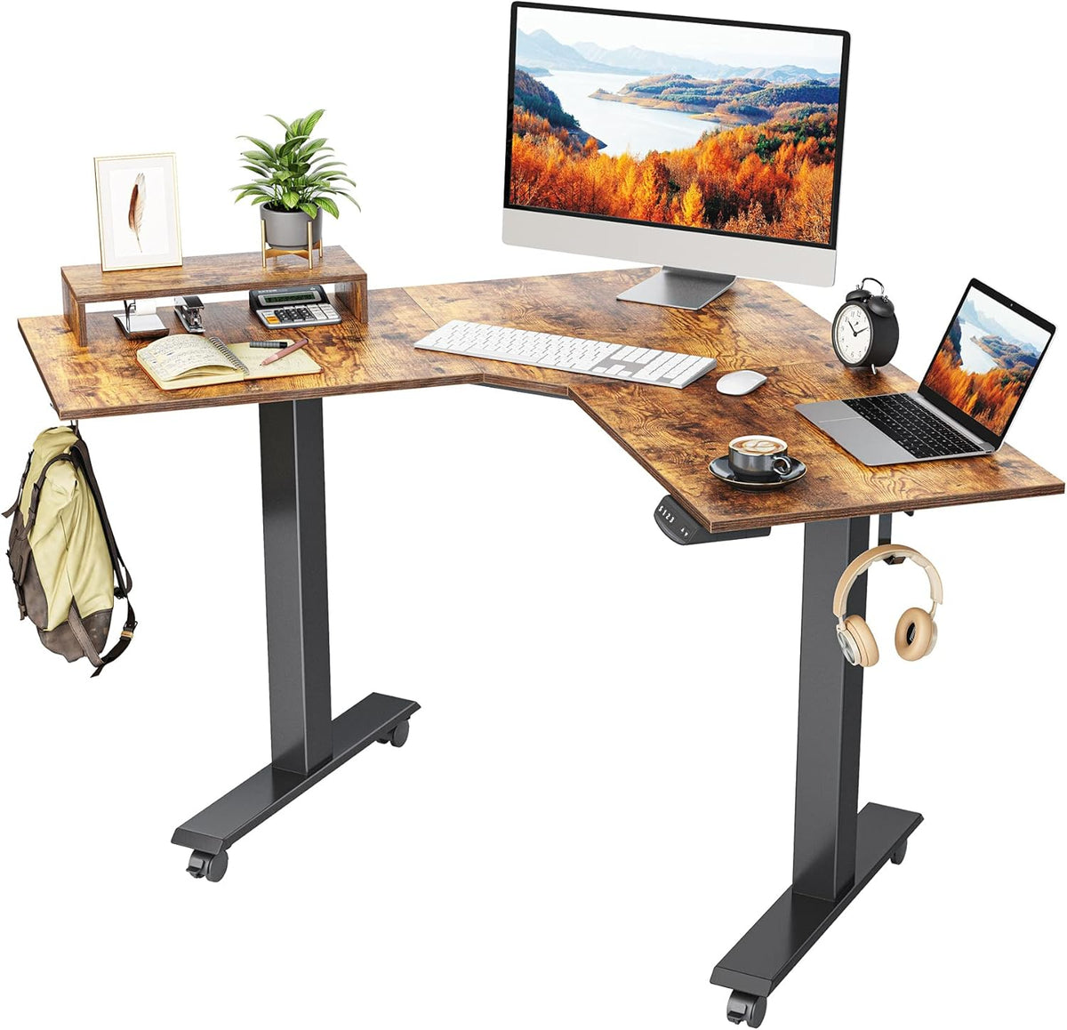L Shaped Electric Standing Desk with Bamboo Top and Black Frame J679