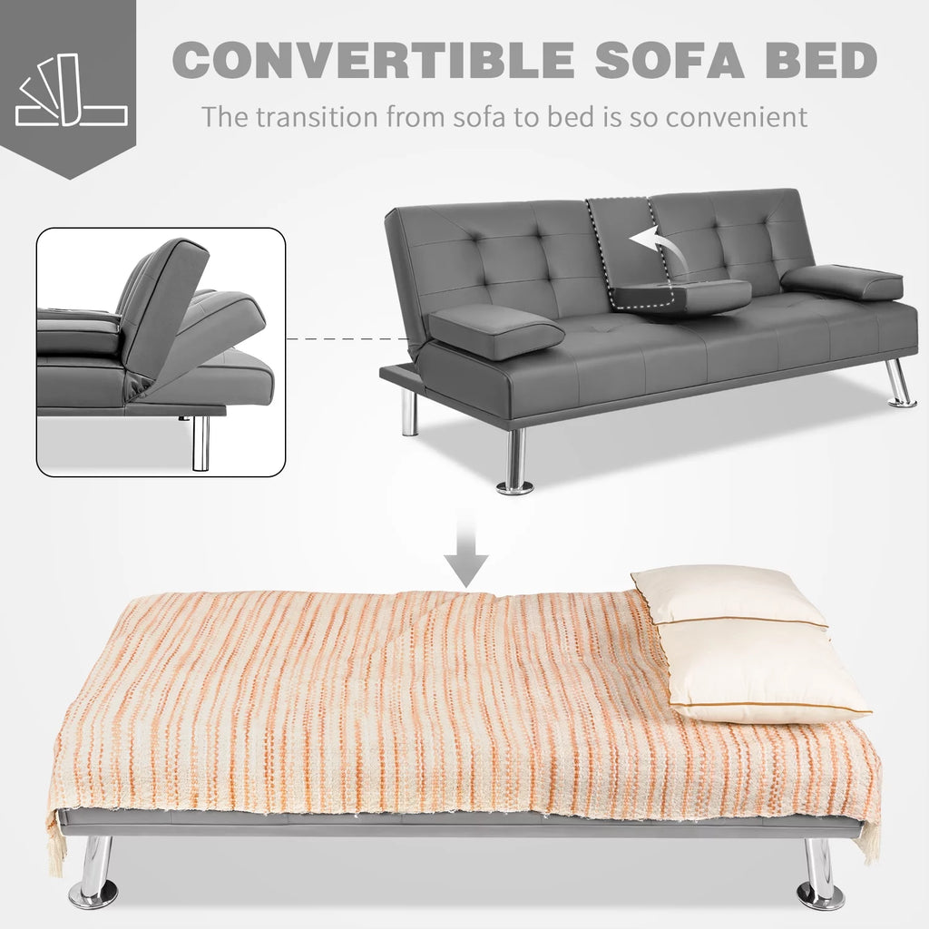 Gray Faux Leather Convertible Futon Sofa Bed with 2 Cup Holders Z652