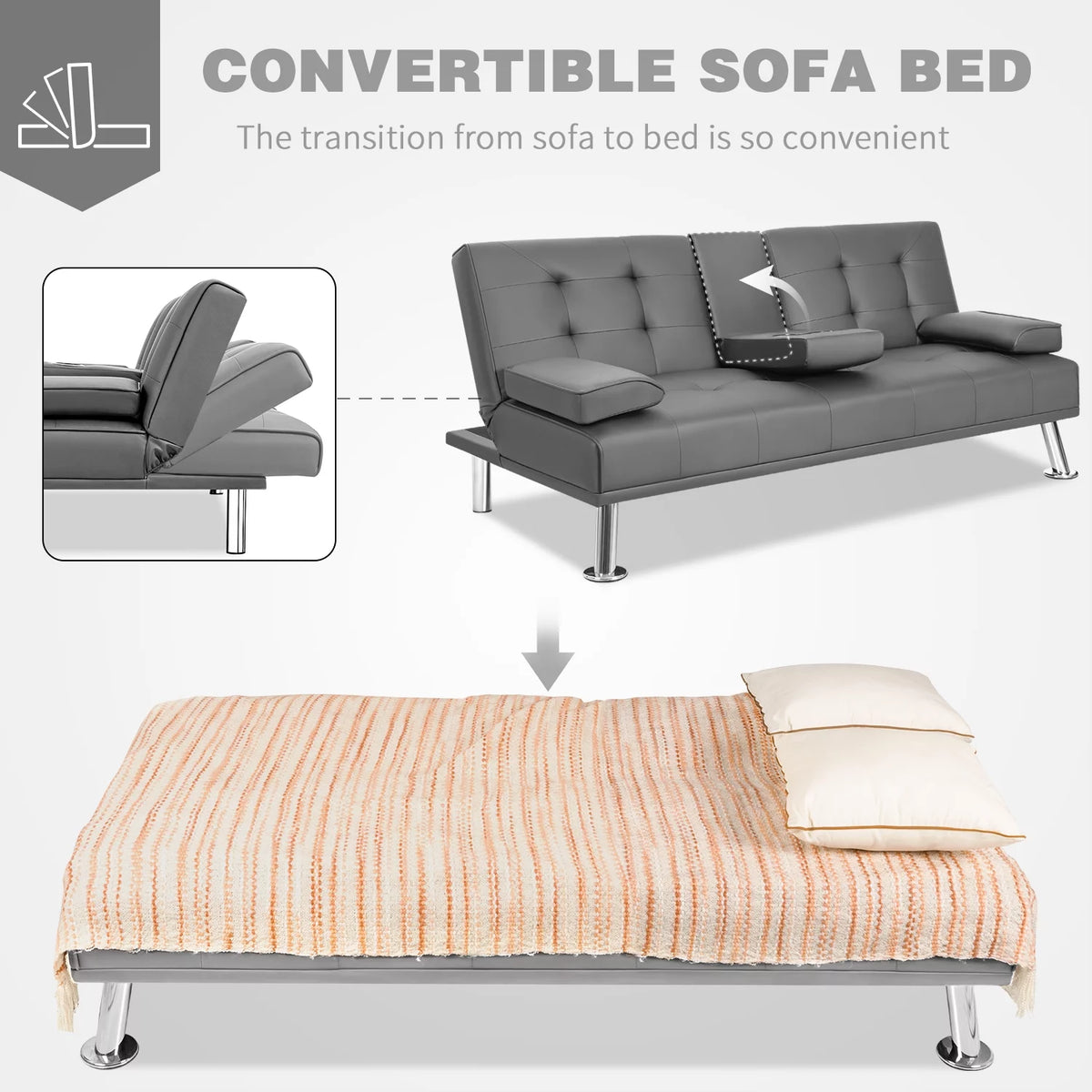 Gray Faux Leather Convertible Futon Sofa Bed with 2 Cup Holders Z652