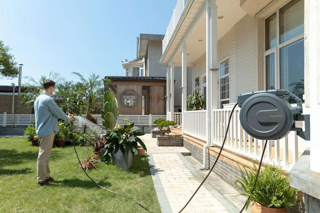 Wall Mounted Retractable Garden Hose Reel with 9 Pattern Hose Nozzle B68624