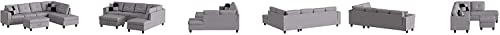 Grey White Linen Fabric L-Shaped Sectional Sofa Set with Storage Ottoman and Pillows K343