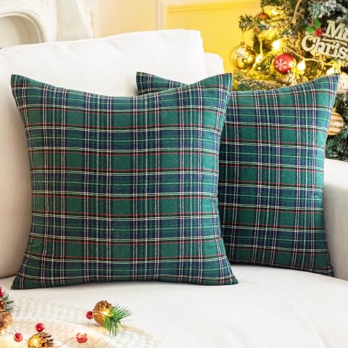Pack of 2 Green Plaid Decorative Throw Pillow Covers, 20 x 20 Inches C721