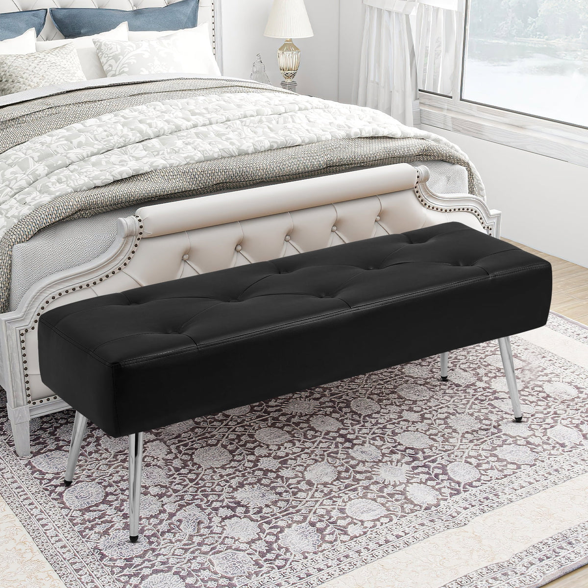 Black Faux PU Leather Tufted Ottoman Bench Z8792