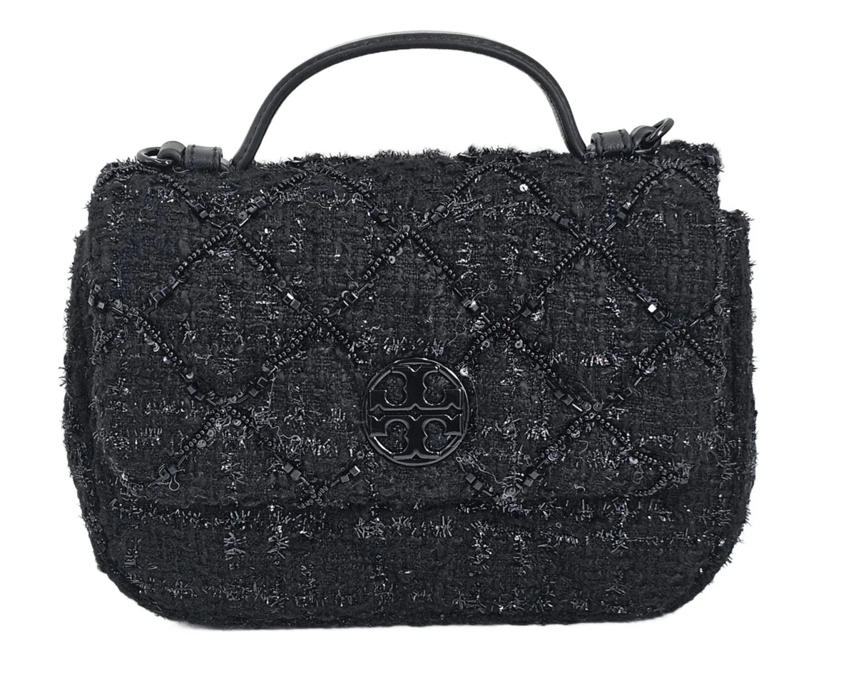 Black Beaded Tweed Mini Top Handle Crossbody Bag O7423