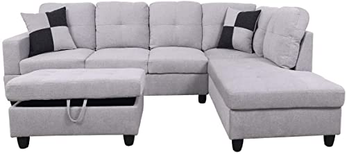 Grey White Linen Fabric L-Shaped Sectional Sofa Set with Storage Ottoman and Pillows K343