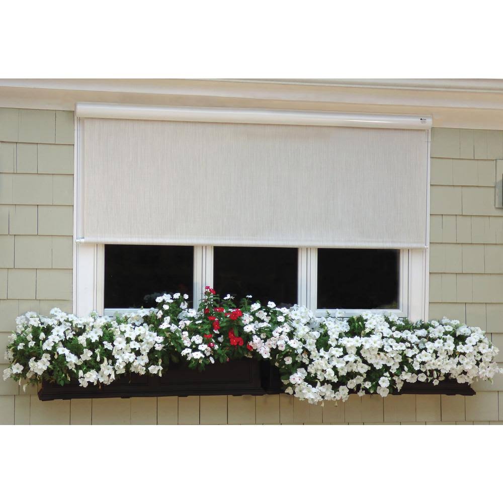 Desert Sand Corded Light Filtering Motorized Vinyl Exterior Solar Shade Right Motor White Cassette 96 in. W x 84 O58249