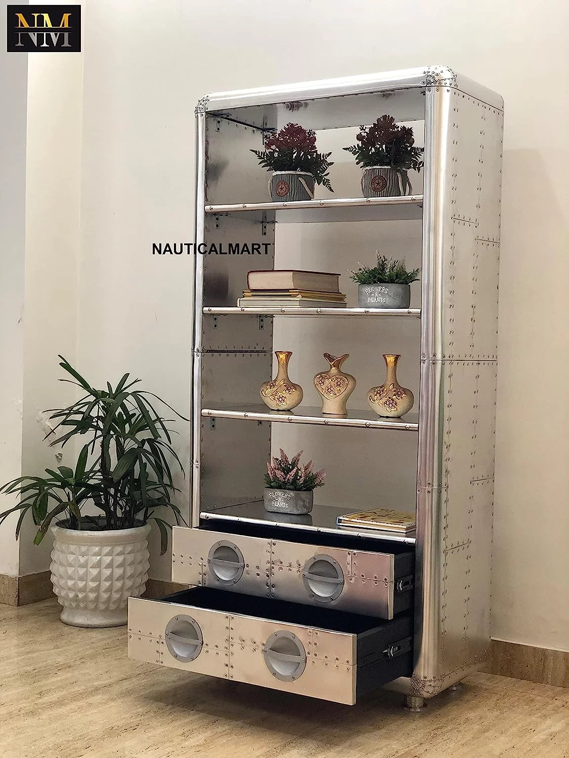 Aluminum Bookcase with Drawers 62 Inches W13516