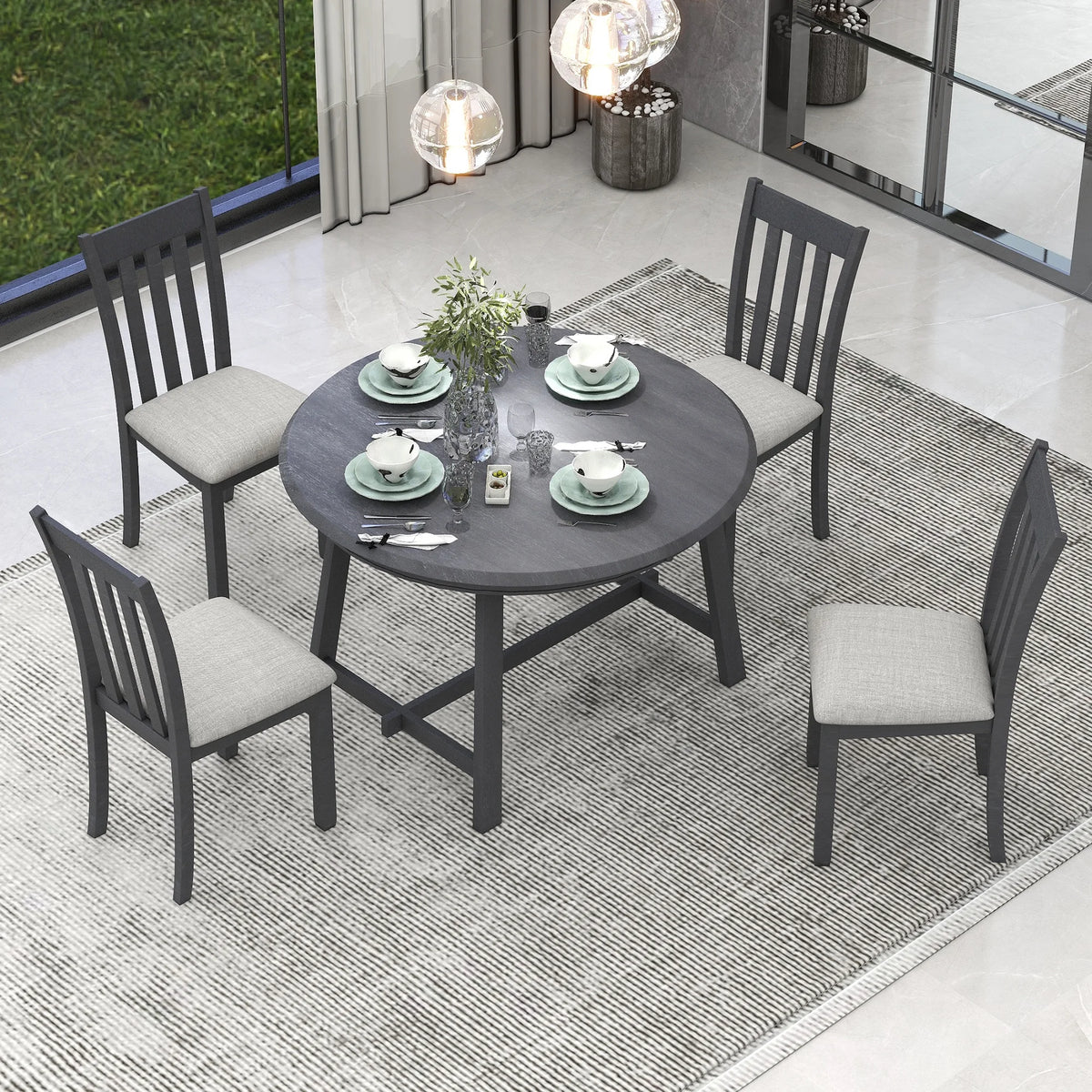 5-Piece Round Extendable Wood Dining Table Set with 4 Chairs F320