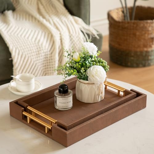 White and Gold Marble Wood Decorative Tray Set of 2 Q4123