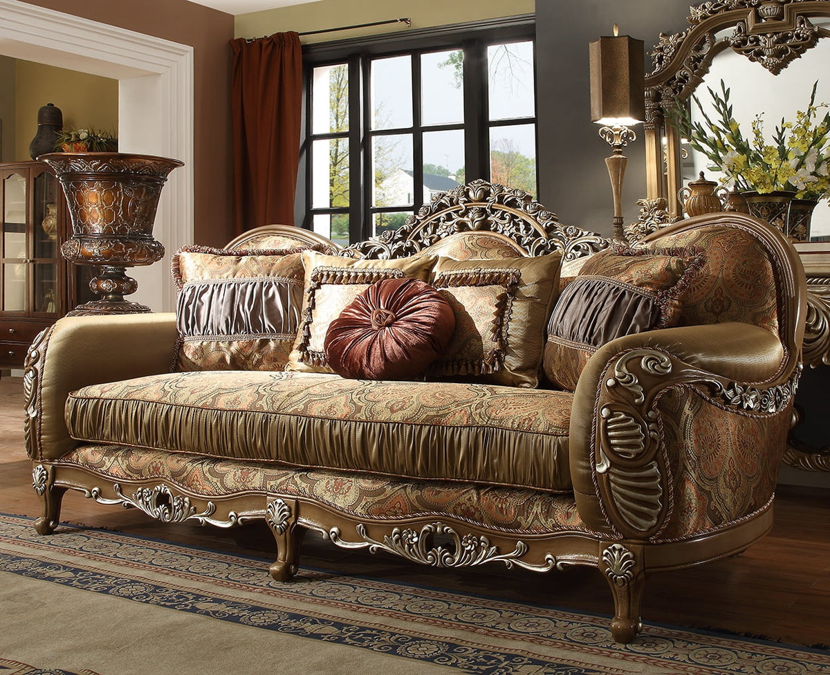 Antique Brown Chenille Carved Wood 3Pcs Sofa Set K97965