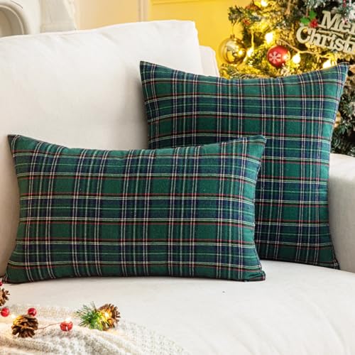 Pack of 2 Green Plaid Decorative Throw Pillow Covers, 20 x 20 Inches C721