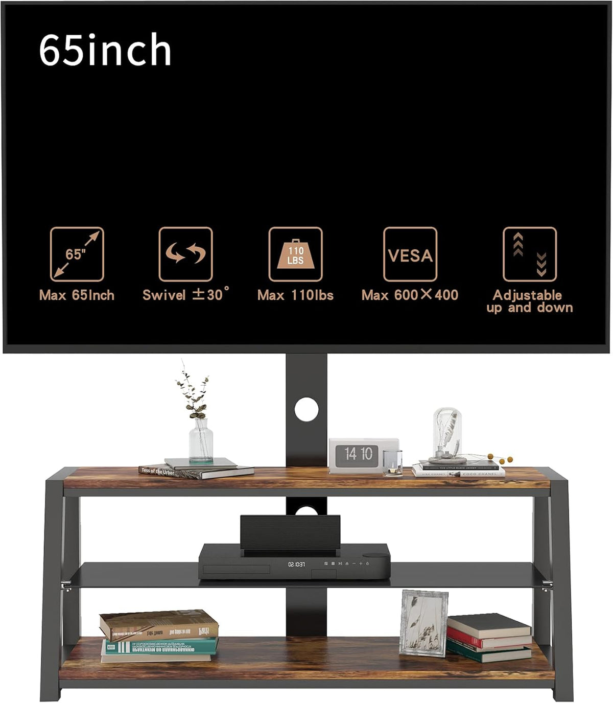 Angle and Height Adjustable Swivel TV Stand with Shelves X33951