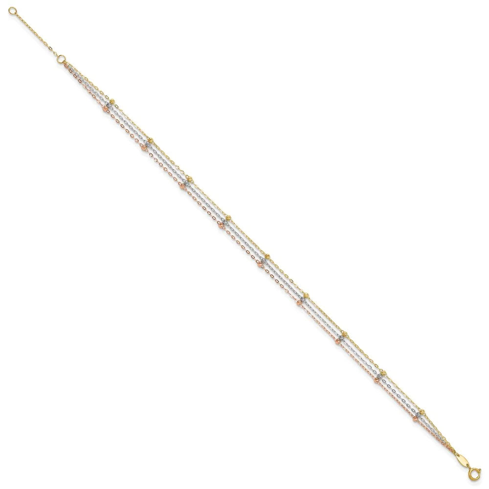 14 Karat Tri-color 3-Strand Beaded Anklet Y7381