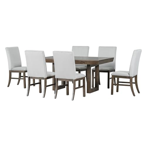 7-Piece Wood Rectangular Dining Table Set with 6 Upholstered Chairs O307448
