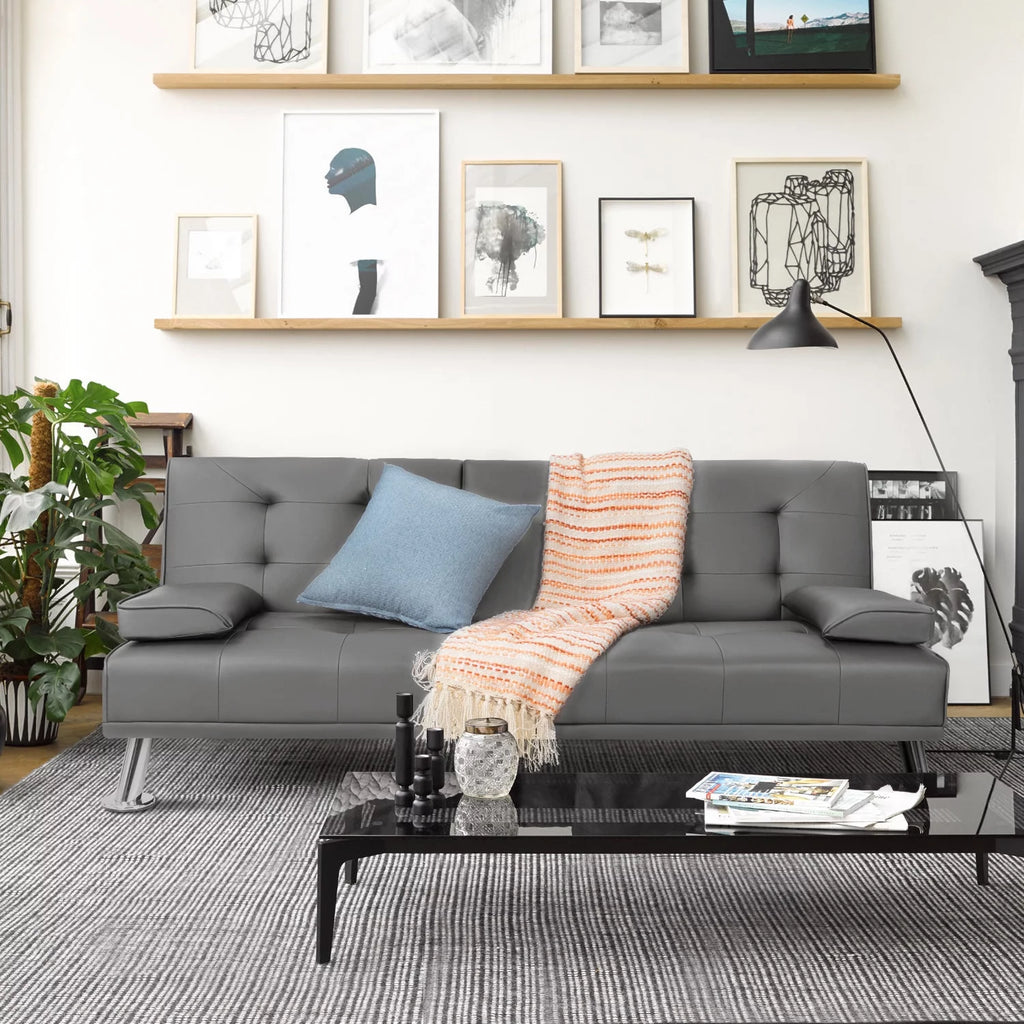 Gray Faux Leather Convertible Futon Sofa Bed with 2 Cup Holders Z652