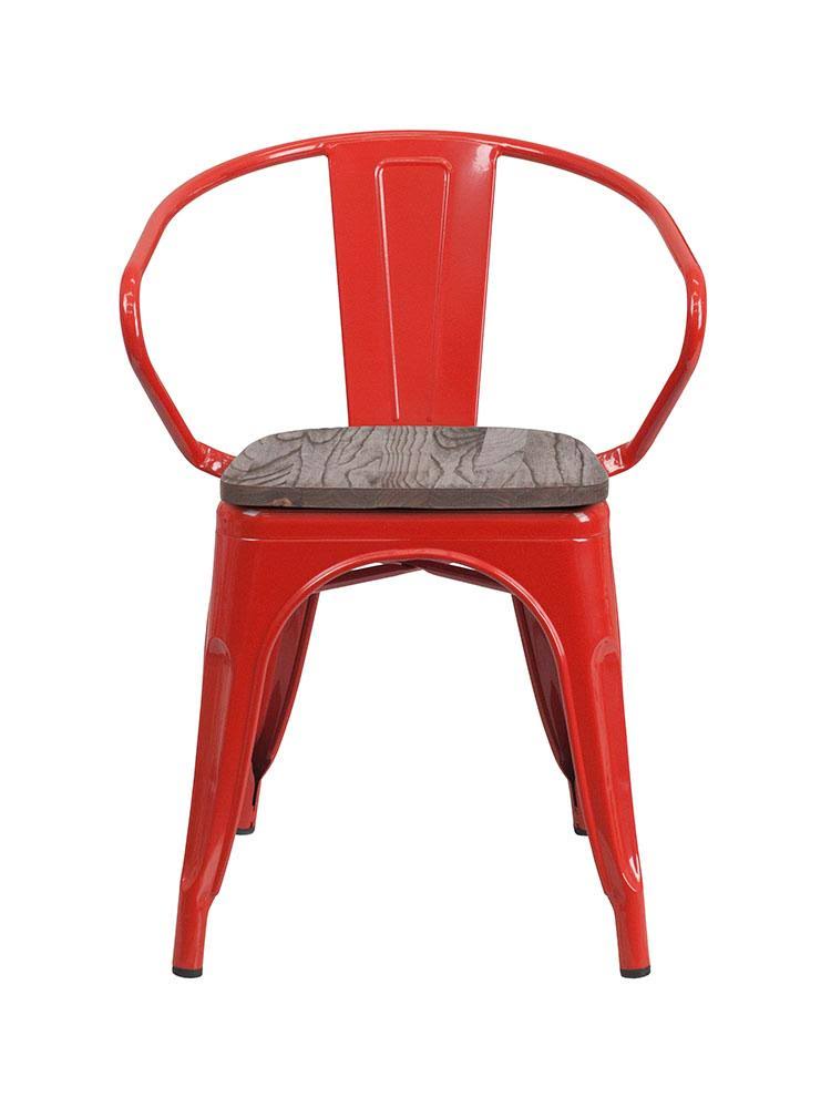 Orange Metal Chair with Wood Seat and Arms E183897