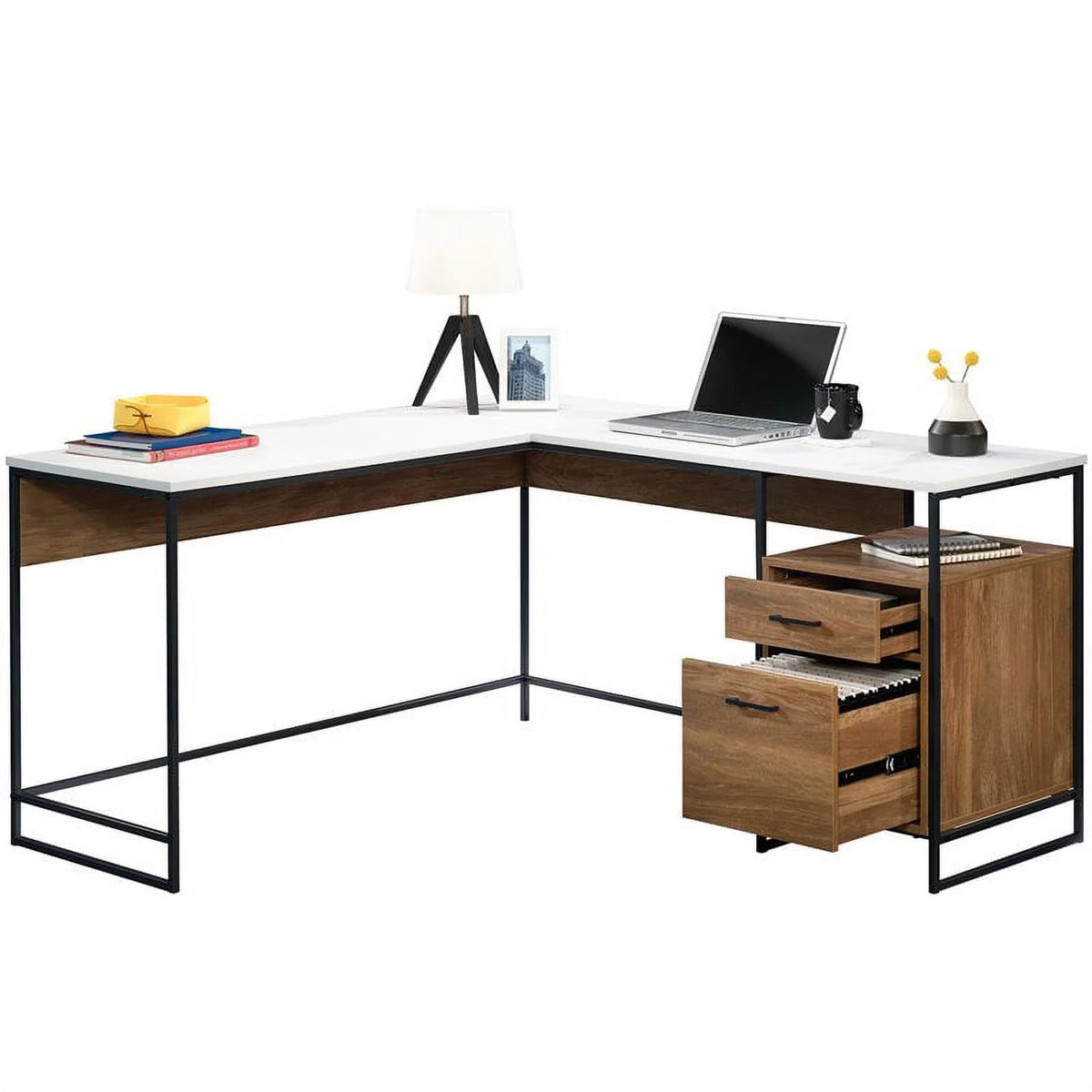 L-Shaped Computer Desk with 2 Drawers in White H637