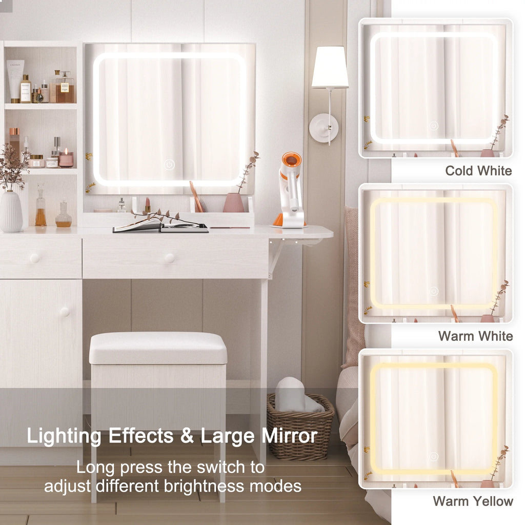 White Vanity Desk with Lighted Mirror and Stool L759521
