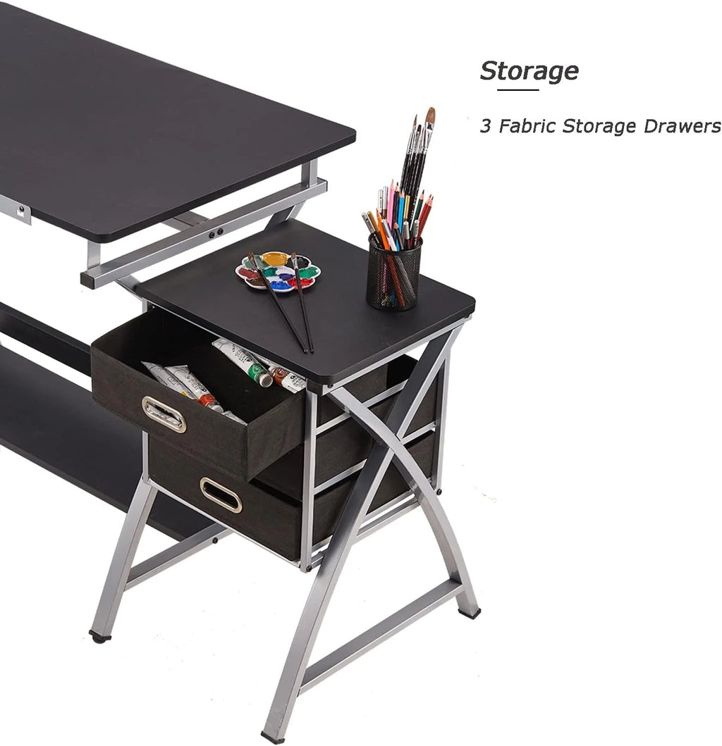 Black Adjustable Drafting Table with Stool and Storage Drawers G255937