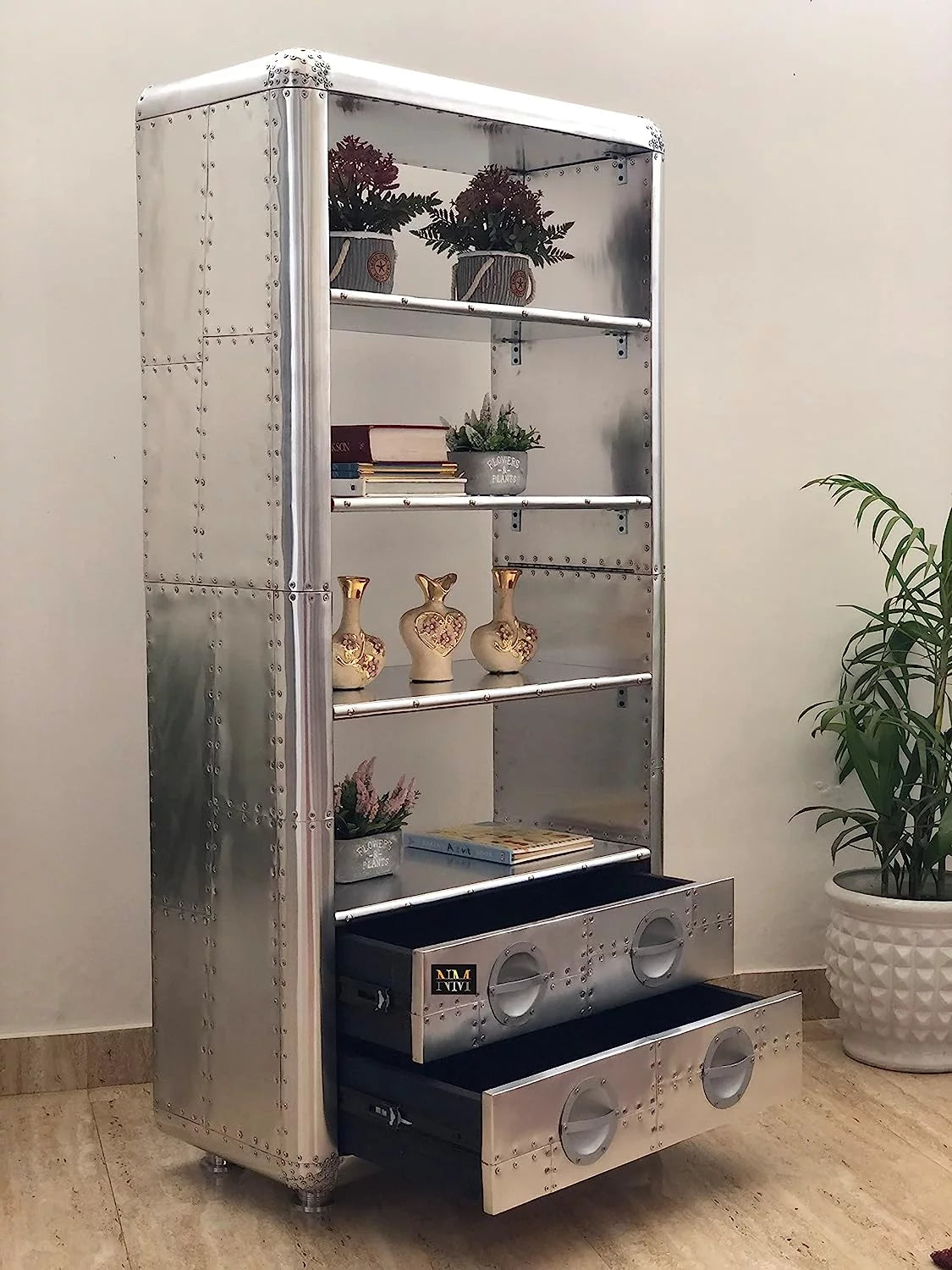 Aluminum Bookcase with Drawers 62 Inches W13516