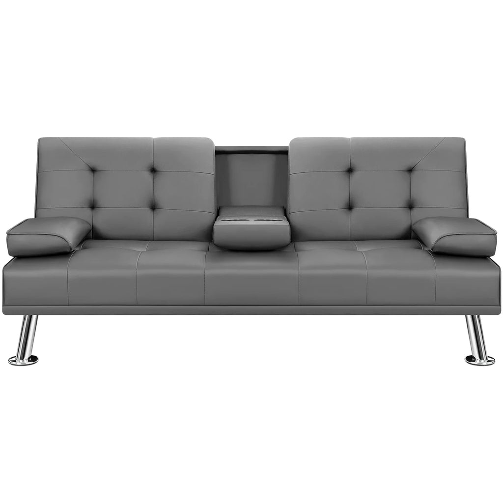 Gray Faux Leather Convertible Futon Sofa Bed with 2 Cup Holders Z652