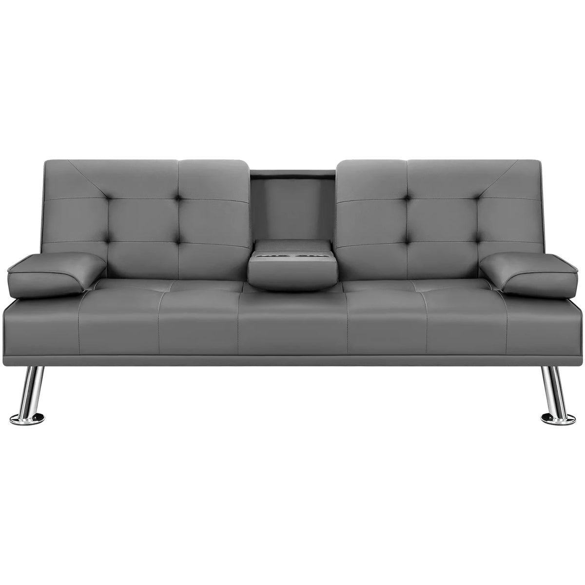 Gray Faux Leather Convertible Futon Sofa Bed with 2 Cup Holders Z652
