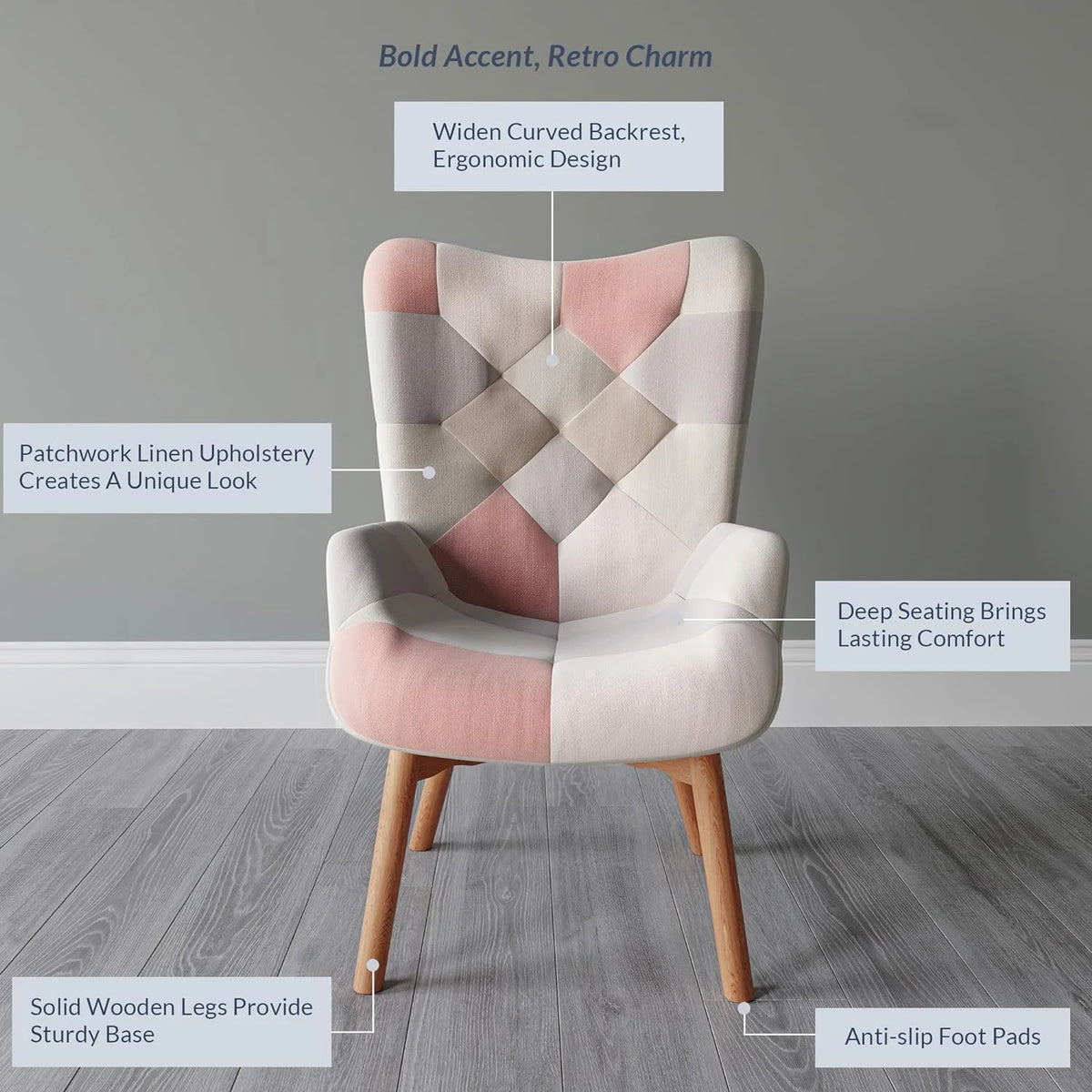 Linen Upholstered Accent Chair with Solid Wood Legs Y867