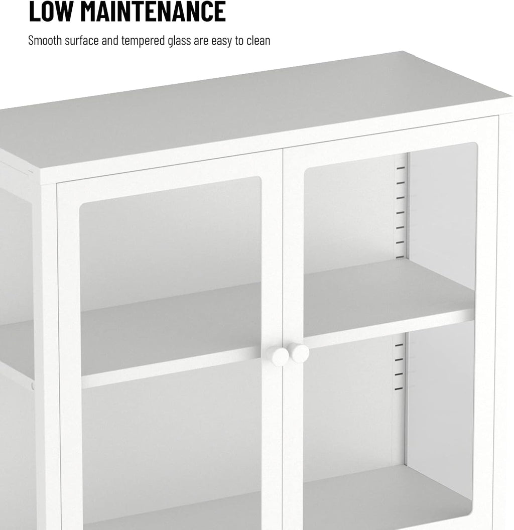 4-Door White Tempered Glass Storage Cabinet with Adjustable Shelves E89331
