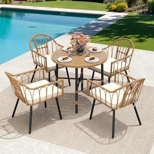 5 Pieces Wicker Patio Dining Table Chair Set with Umbrella Hole L6307