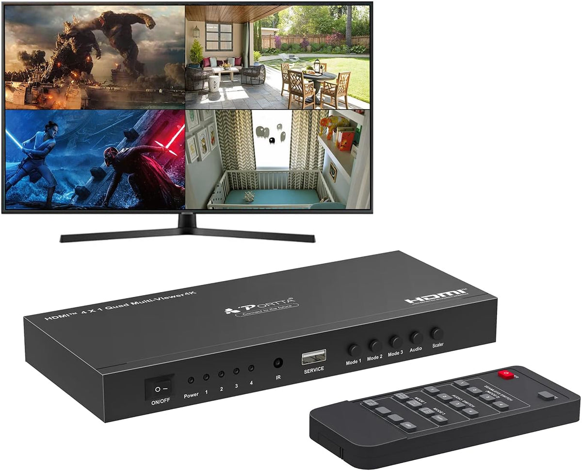 HDMI Multiviewer Switch 4x1, Quad Multi-Viewer Seamless Switcher 4 in 1 Out with Loop, Audio Extractor to Stereo, 1080p, 5 Viewing Modes L370212