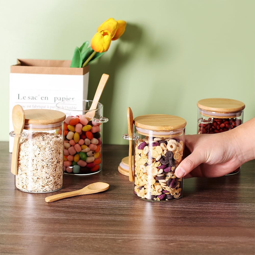 17 OZ Glass Containers with Bamboo Lids and Wooden Spoons (6 Pack) Y48447