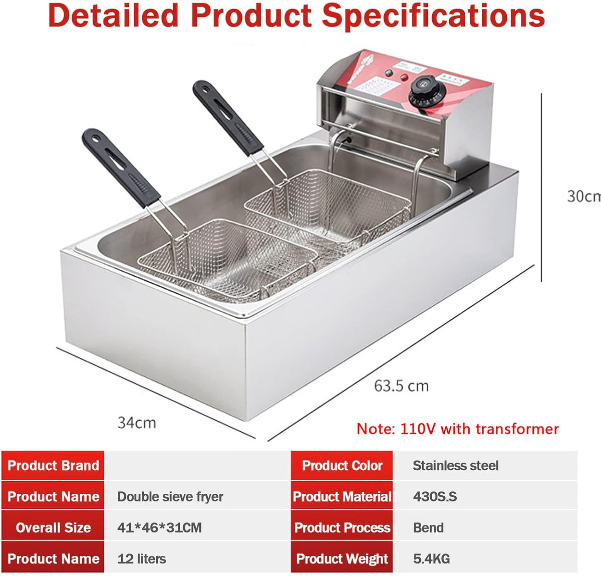 3000W Electric Double Deep Fat Fryer, 12L, 2 Oil Baskets, Adjustable Temperature Z388330