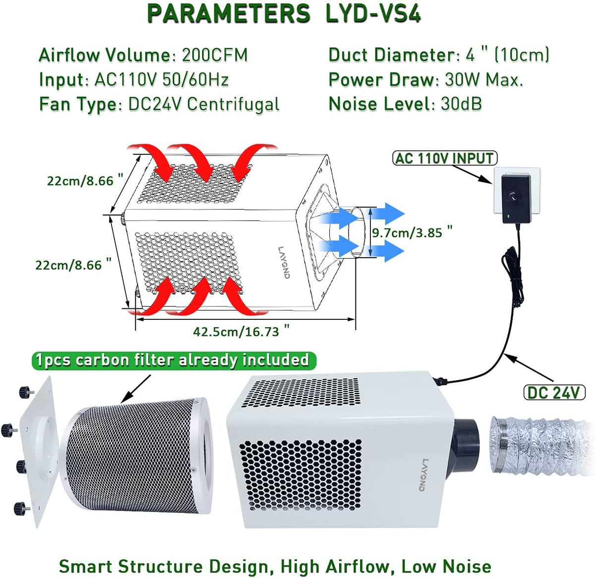 4” Carbon Filter Grow Tent Ventilation System with Inline Fan Kit L129472