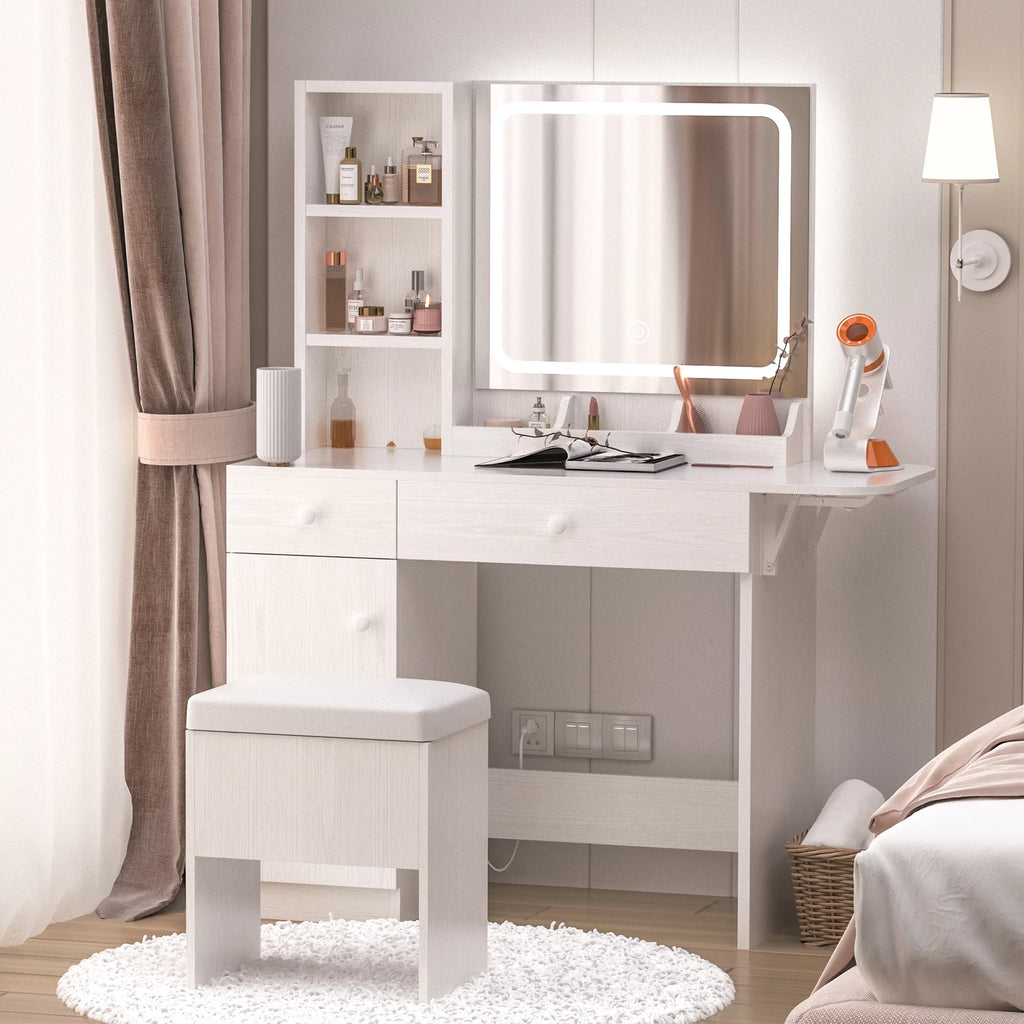 White Vanity Desk with Lighted Mirror and Stool L759521