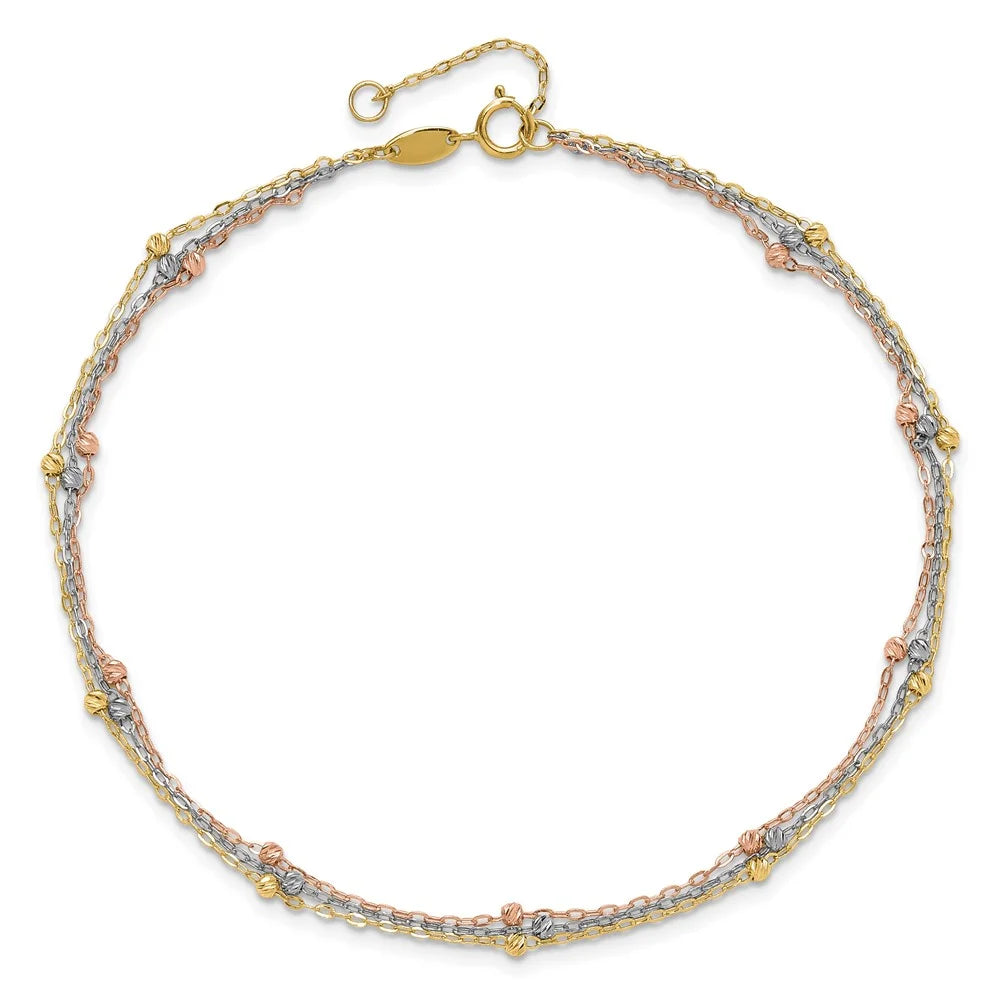 14 Karat Tri-color 3-Strand Beaded Anklet Y7381