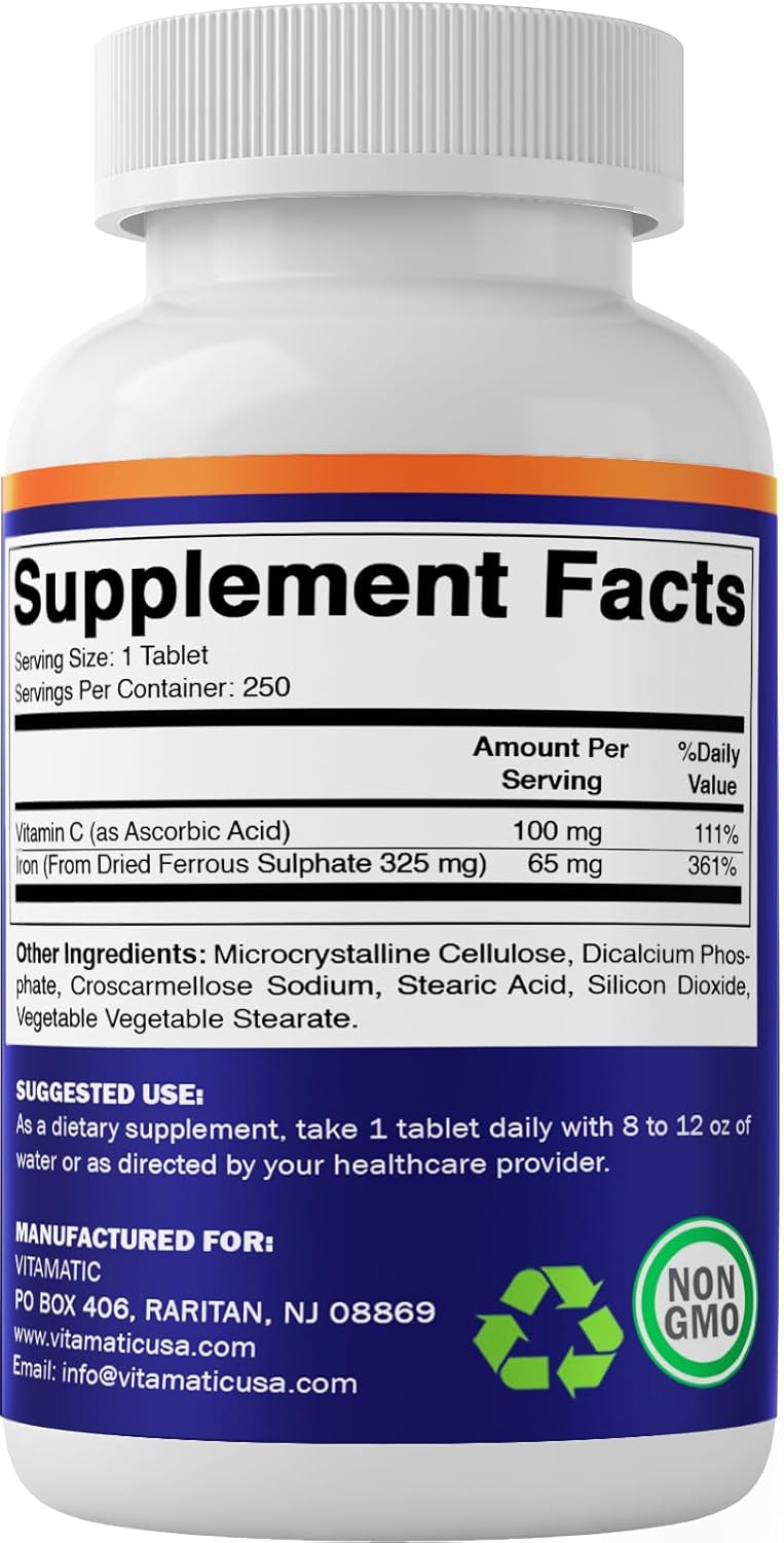 Ferrous Sulphate 325 mg + Vitamin C 100 mg 65 mg Elemental Iron Iron Supplement 250 Coated Tablets N1180