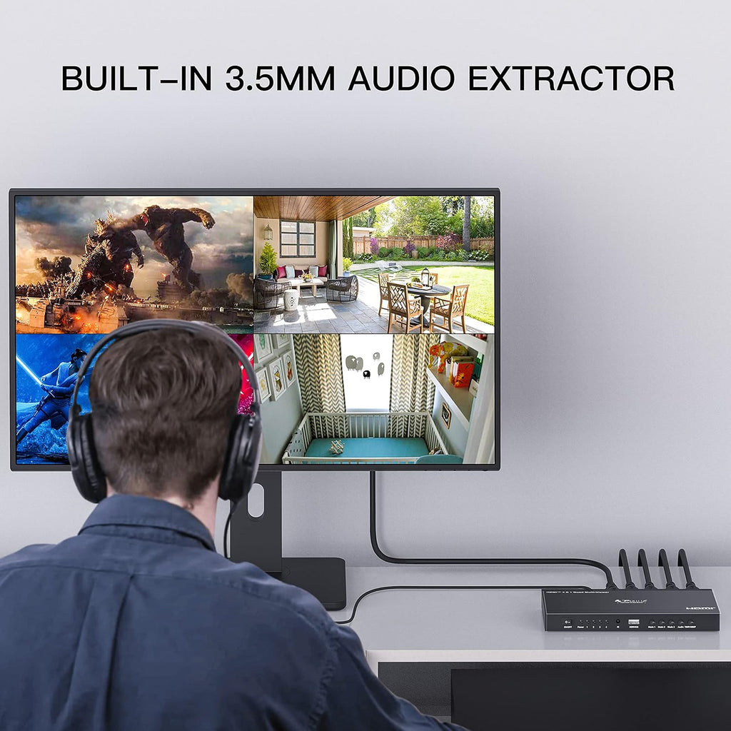 HDMI Multiviewer Switch 4x1, Quad Multi-Viewer Seamless Switcher 4 in 1 Out with Loop, Audio Extractor to Stereo, 1080p, 5 Viewing Modes L370212