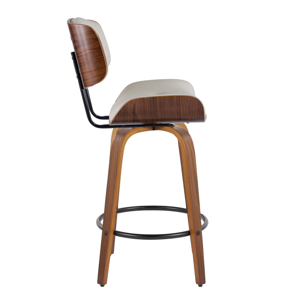 26" Mid-Century Modern Swivel Counter Stool in Walnut Wood and Cream Faux Leather with Round Black Metal Footrest - Set of 2 K292387