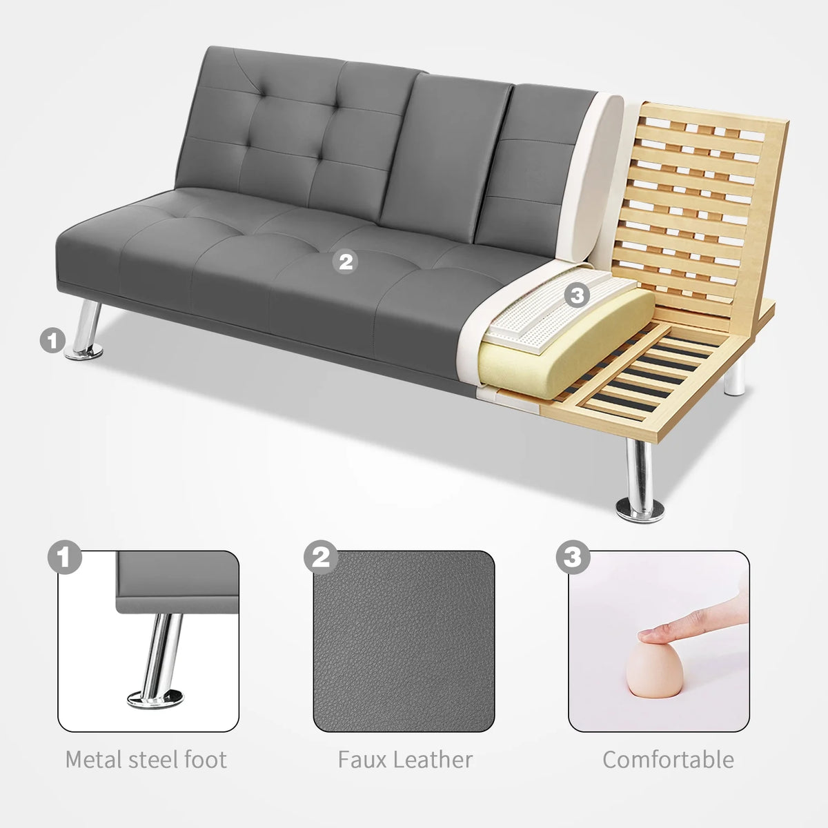 Gray Faux Leather Convertible Futon Sofa Bed with 2 Cup Holders Z652