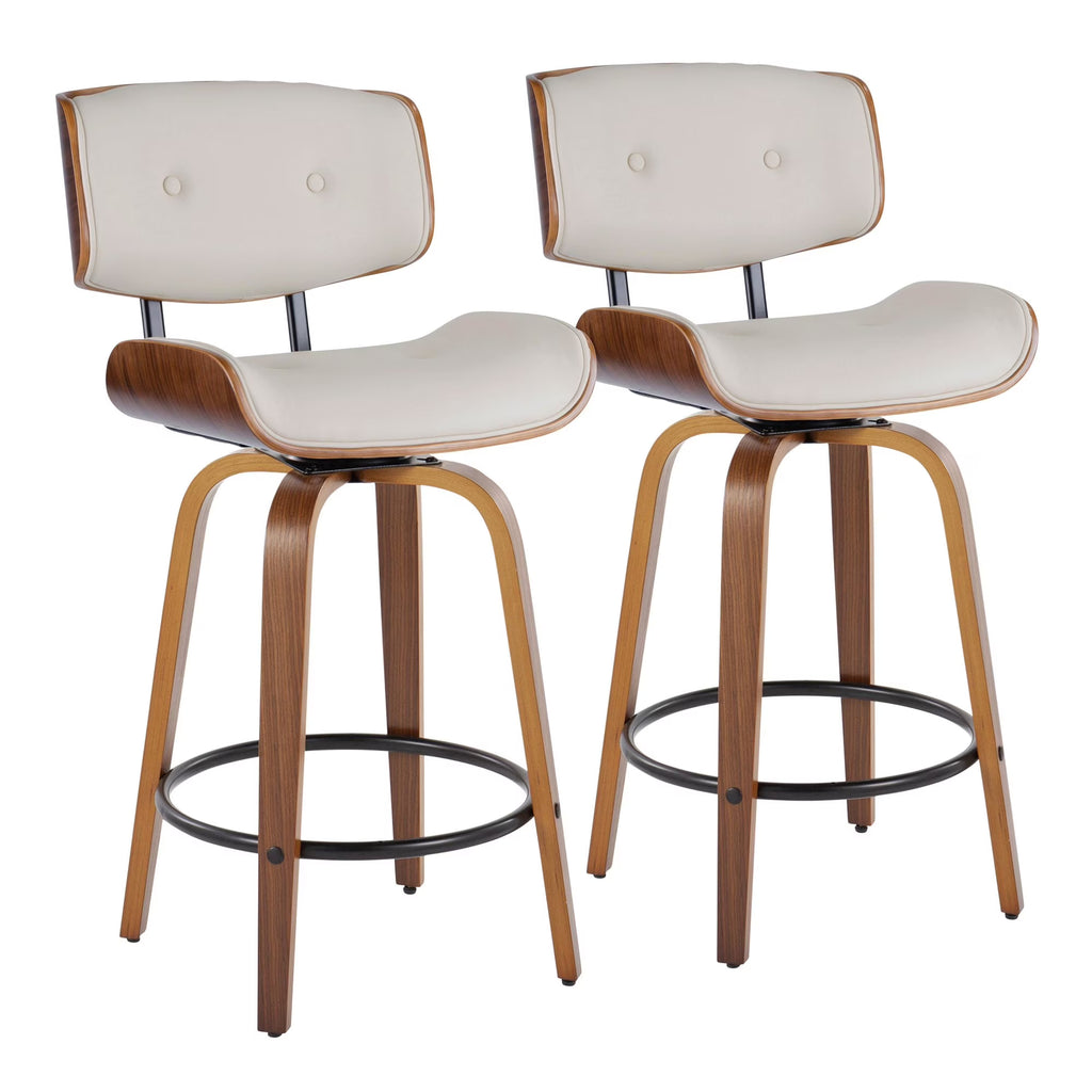 26" Mid-Century Modern Swivel Counter Stool in Walnut Wood and Cream Faux Leather with Round Black Metal Footrest - Set of 2 K292387