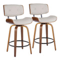 26" Mid-Century Modern Swivel Counter Stool in Walnut Wood and Cream Faux Leather with Round Black Metal Footrest - Set of 2 K292387