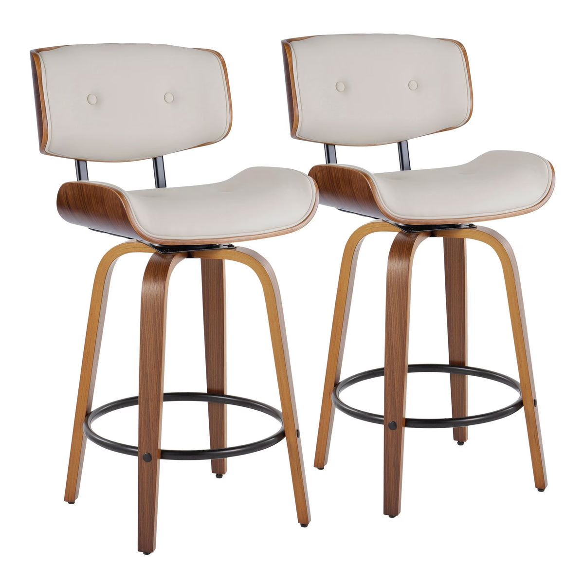 26" Mid-Century Modern Swivel Counter Stool in Walnut Wood and Cream Faux Leather with Round Black Metal Footrest - Set of 2 K292387