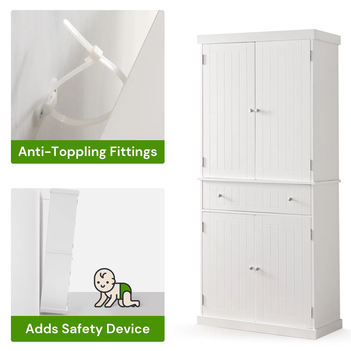 White Tall Freestanding Kitchen Pantry Cabinet with Doors and Adjustable Shelves E36251