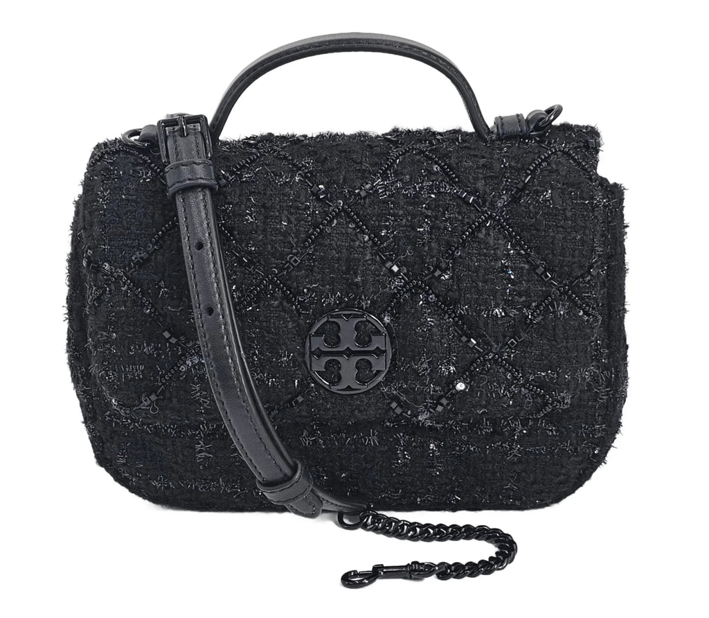 Black Beaded Tweed Mini Top Handle Crossbody Bag O7423